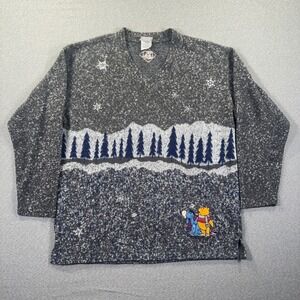 Vintage Disney Store Sweater Woman M Grey Blue Winnie the Pooh Eeyore Winter AOP